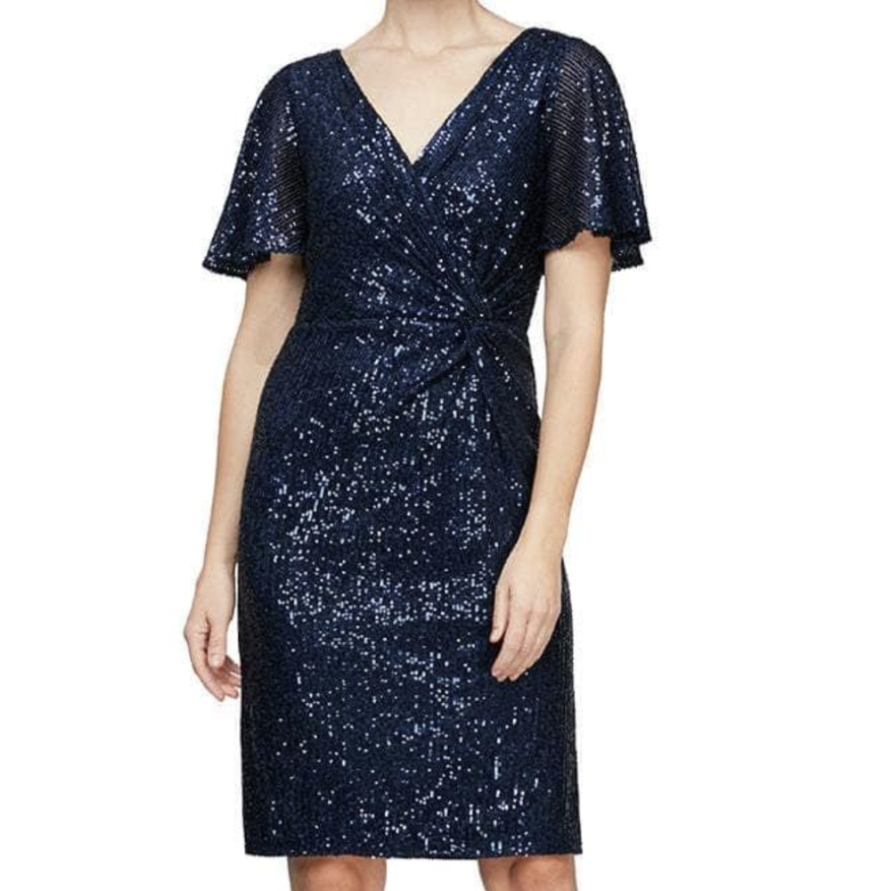 Alex Evenings Flutter Sleeve Sequin Cocktail Dress, Navy Blue